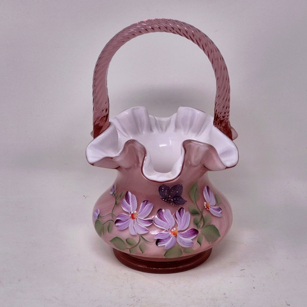 Vintage Fenton Dusty Rose Overlay Hand Painted Basket Vase